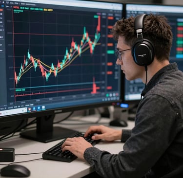 A sleek trading dashboard glowing with neon purple and cyan highlights against a dark glassmorphic background.