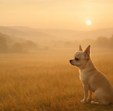 a dog sitting in a field with a sun setting