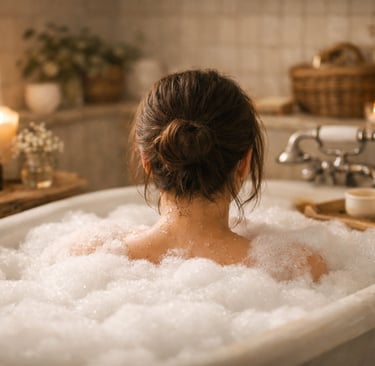 a woman in a bathtub with candles and candles