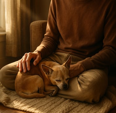 a man sitting on a rug with a dog