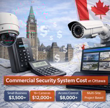 Commercial security cameras, calculator, and cost breakdown graphic with Ottawa Parliament background.