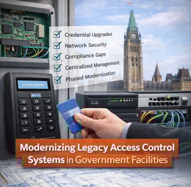 Technician upgrading legacy access control panel in government facility with Ottawa Parliament background.