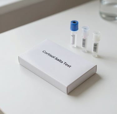 Close-up of a cortisol test kit with a calm, white background.