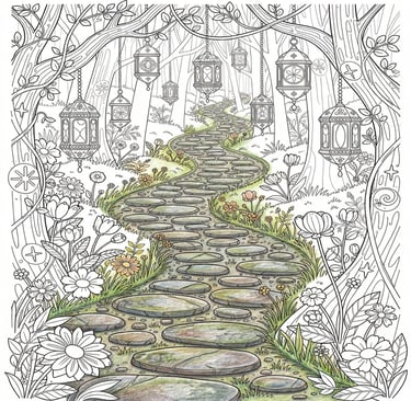 partially finished coloring page of a cobblestone path through the forest with lanterns