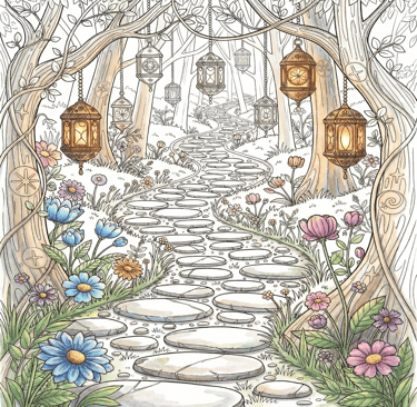 partially finished coloring page of a cobblestone path through the forest with lanterns