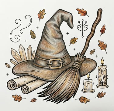 finished coloring page of a witches hat, broom, candles and crystal
