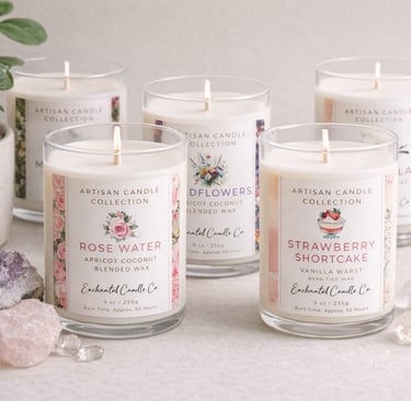 finished candle mockup of candle labels with plant and crystals