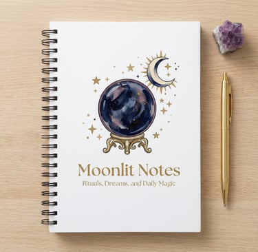 Spiral notebook with a mystical crystal ball illustration, gold pen, and amethyst crystal on a wooden desk.