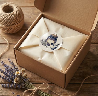Handcrafted lavender apothecary gift box wrapped in tissue paper with an illustrated botanical sticker.