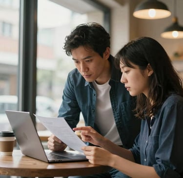 Medium shot from the side, two people seated at a small café table under natural window light — a mentor in their late twenties leans forward over an open laptop, pointing at something on screen while a recent graduate holds a printed document and listens closely. Coffee cups on the table. Warm overhead café lighting, no posed smiles, candid working conversation.