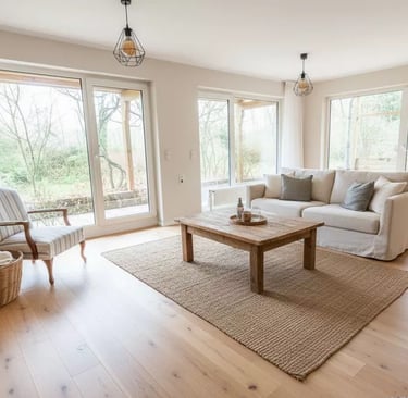 Modernes, helles Wohnzimmer mit Eichenparkett, Couchtisch aus Holz und großen Glastüren zur Terrasse.