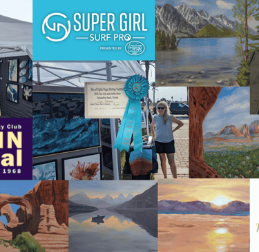A collage of landscape paintings and Florida art festival logos showcasing coastal scenery and outdoor events.