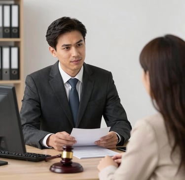 A friendly professional assisting a client with paperwork in a cozy office setting.