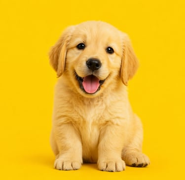 A cute Golden Retriever puppy sitting and smiling against a solid yellow background.