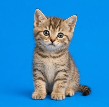 A cute brown tabby kitten with blue eyes sitting on a vibrant blue background.