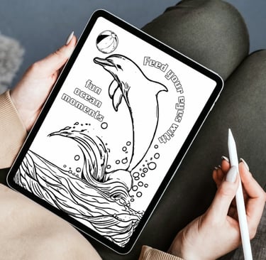 Digital tablet showing a dolphin coloring page with an Apple Pencil for creative ocean art.