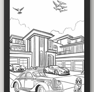 Coloring page of a modern mansion with luxury sports cars, a vintage car, and a dog.