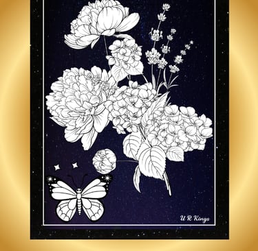 Black and white floral line art with a butterfly against a starry night sky background.