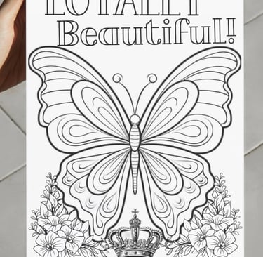 Loyally Beautiful butterfly coloring page with a crown and floral line art design for kids and adults.