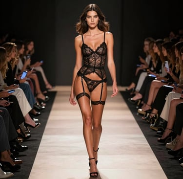 A fashion model walks a runway wearing an intricate black lace bodysuit and matching garter belt set.