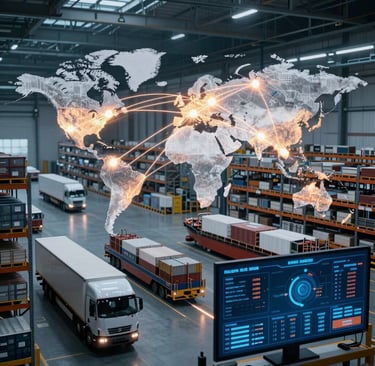 Global logistics warehouse featuring a digital world map and cargo trucks for supply chain management.