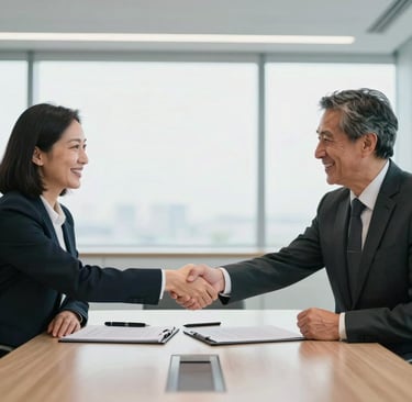 Professional lingerie & sleep dress business partners shaking hands after a successful meeting.