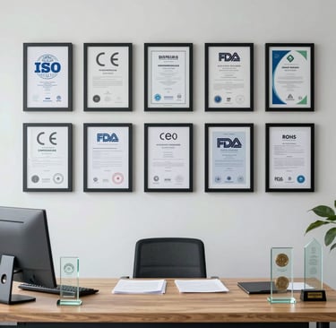 Business office wall displaying framed ISO, CE, and FDA certification documents lingerie certificate