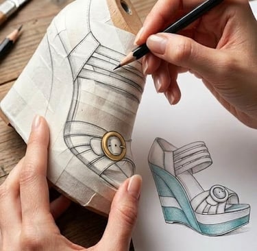Hand drawing a footwear design pattern on a last shoe last next to a technical wedge heel sketch.