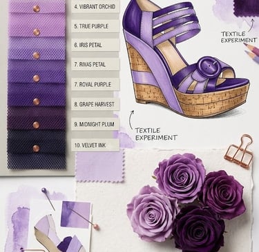 Purple wedge sandal fashion design mood board with fabric swatches, lavender roses, and amethyst crystals.