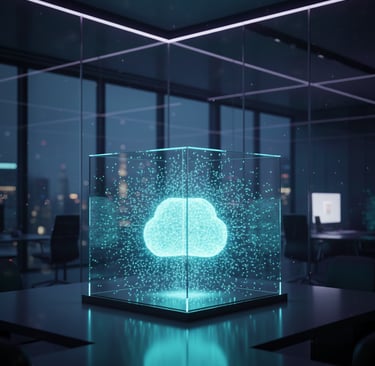 A glowing digital cloud icon inside a futuristic glass cube representing secure cloud data storage.