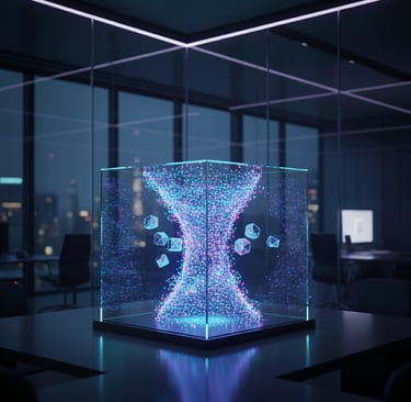 A glowing holographic data cube displaying futuristic 3D digital particles in a modern office.