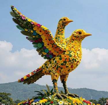 A serene garden with modern sculptures and vibrant birds flying around.
