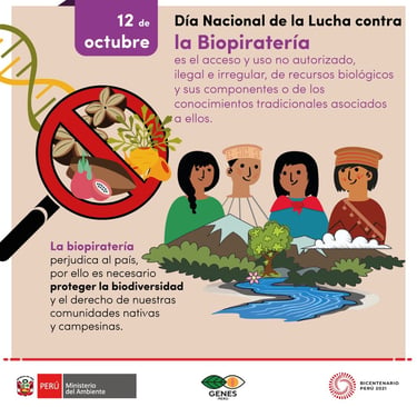 Poster for National Anti-Biopiracy Day in Peru featuring indigenous people and native biological resources.