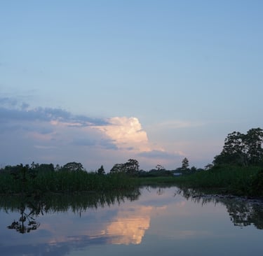 Serene tropical river landscape with sunset clouds reflecting in the calm water at dusk.