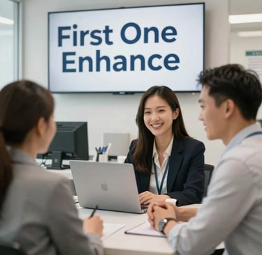 Smiling business professionals at First One Enhance meeting with a client to discuss financial services.