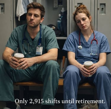 Burned out nurses in blue scrubs holding coffee in a hospital locker room.