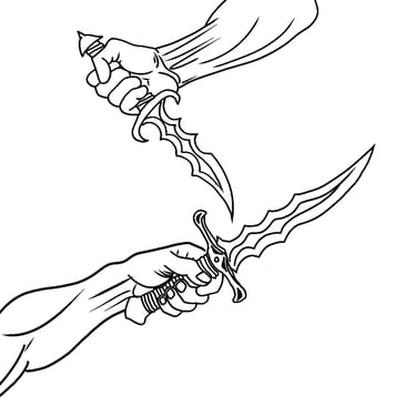 Black and white line art illustration of muscular hands gripping two jagged fantasy daggers.