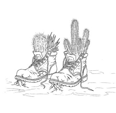 Black and white line art of desert cactus plants growing out of old work boots with roots.