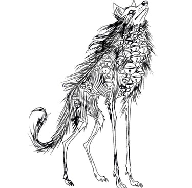 Black and white ink sketch of a mystical wolf covered in numerous small jingle bells.