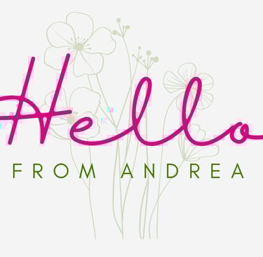 Hello From Andrea logo with pink cursive font and floral line art background.