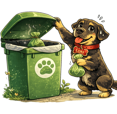 Loki cleaning up after hiself with a certifiable compostable poop bag