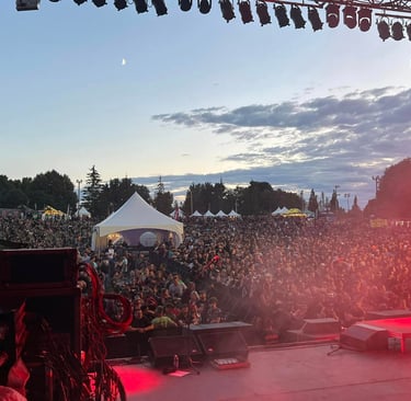 Crowd of fans at an outdoor music festival concert during a sunset with stage lighting.