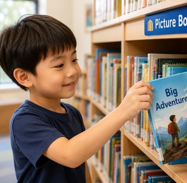 A child picking out a book to read at the library.