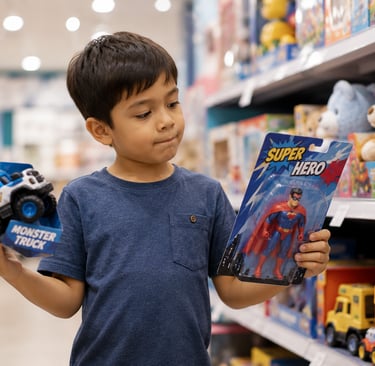  Child comparing two toys in a store while making a thoughtful spending decision, illustrating why t