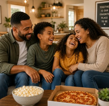 Happy family spending quality time together at home, representing the positive life skills and confi
