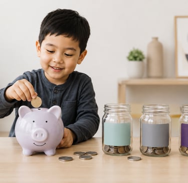  Child placing coins into a piggy bank beside savings jars at a cozy home table, showing why teachin