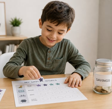 Young boy using a sticker savings chart at home to track money goals and learn smart habits, showing