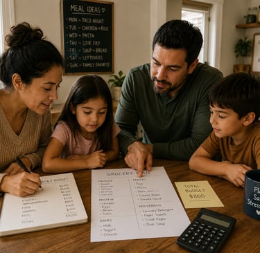 Family sitting at the kitchen table planning groceries and budgeting together, showing why teaching 