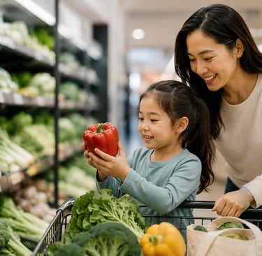  Parent and child grocery shopping together while choosing fresh produce, demonstrating why teaching