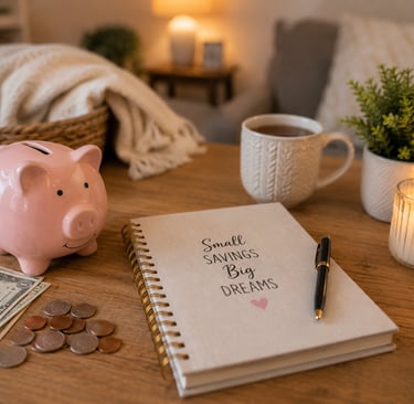 Piggy bank, savings notebook, and cozy home table setup symbolizing family budgeting and why teachin